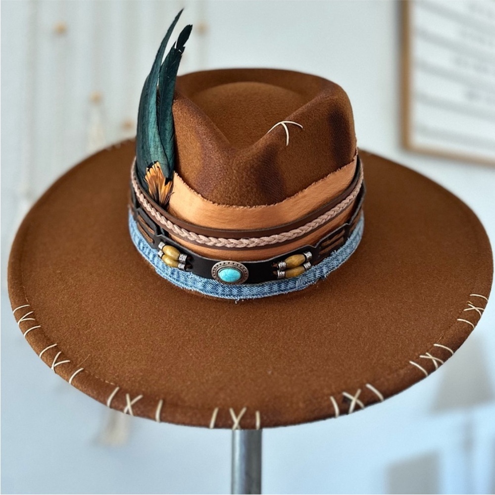 Hand Crafted Custom Boho Western “Dusted Desperado” wide brimmed rancher hat OS